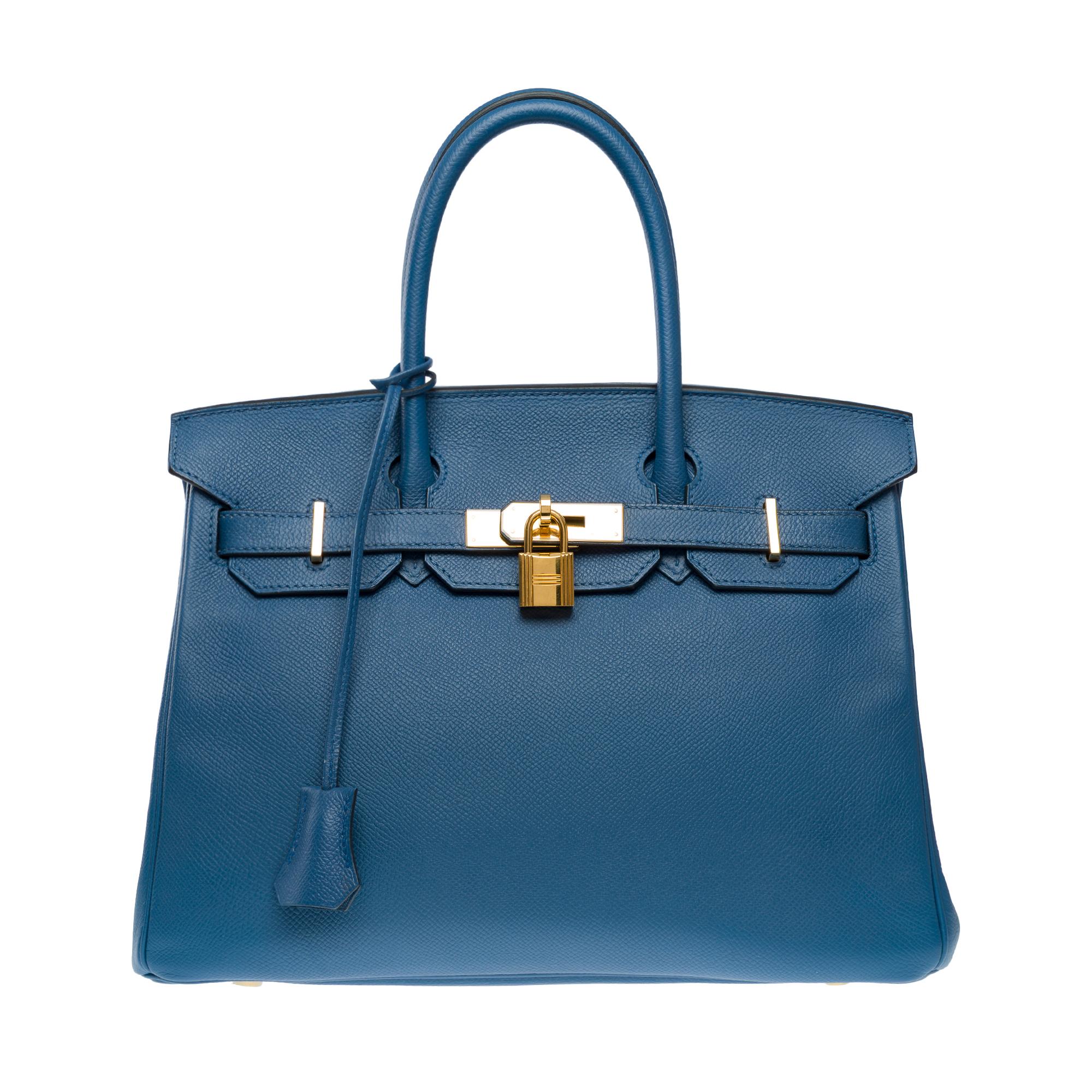 Exceptional​​ ​​and​​ ​​highly​​ ​​sought-after​​ ​​Hermes​​ ​​Birkin​​ ​​30​​ ​​handbag​​ ​​in​​ ​​Bleu​​ ​​Brighton​​ ​​Epsom​ ​​leather,​​ ​​gold-plated​​ ​​metal​​ ​​hardware​​ ​​and​​ ​​double​​ ​​handles​​ ​​in​​ ​​blue​​ ​​leather​​ ​​for​​