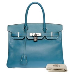 Superbe sac à main Hermès Birkin 30 en cuir Blue Jeans Epsom, SHW