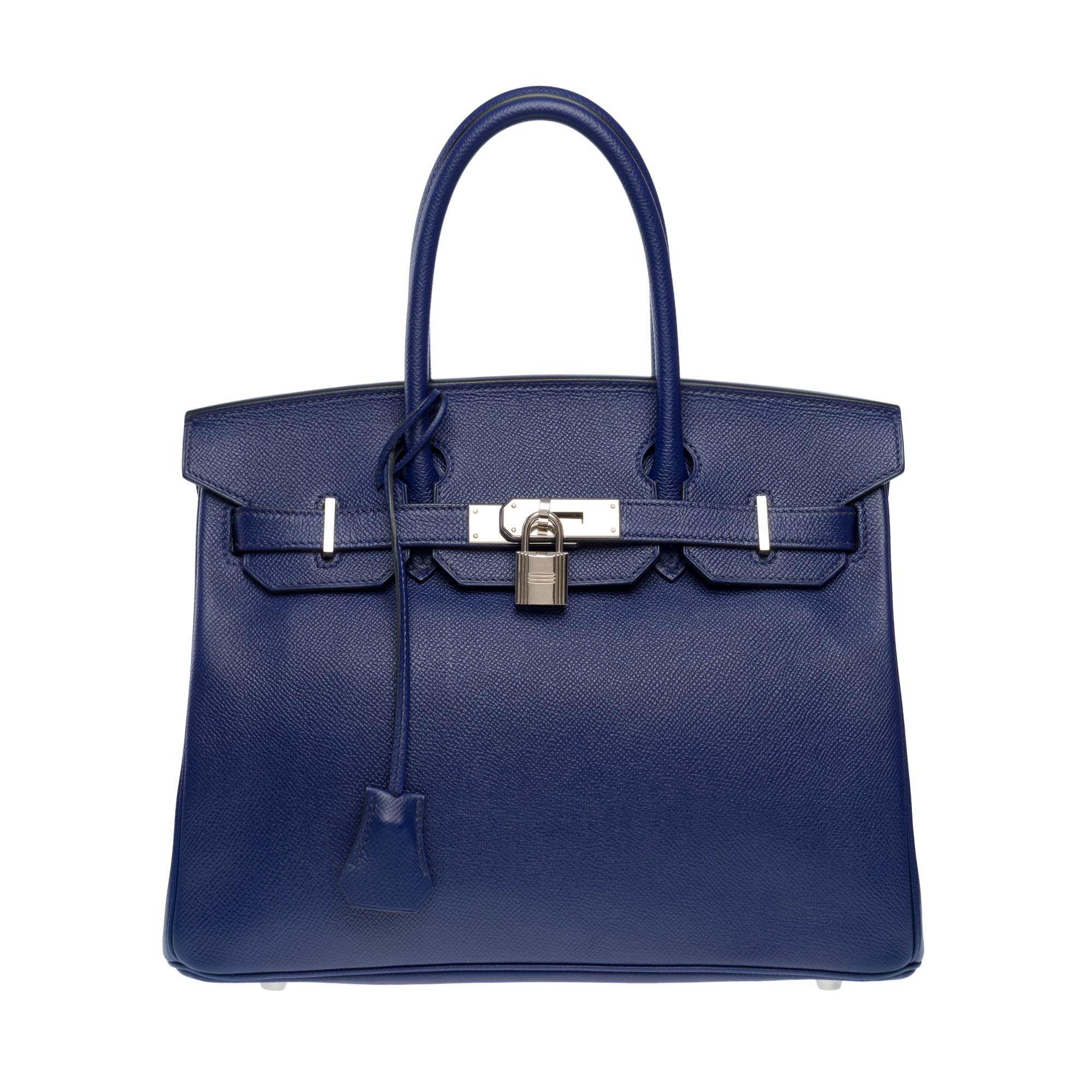 Stunning​ ​Hermes​ ​Birkin​ ​30​ ​in​ ​Blue​ ​Sapphire​ ​Epsom​ ​calf​ ​leather​ ​,​ ​palladium​ ​silver​ ​metal​ ​trim​ ​,​ ​double​ ​handle​ ​in​ ​blue​ ​leather​ ​for​ ​a​ ​hand​ ​carry

Flap​ ​closure
Blue​ ​leather​ ​inner​ ​lining​ ​,​ ​a​