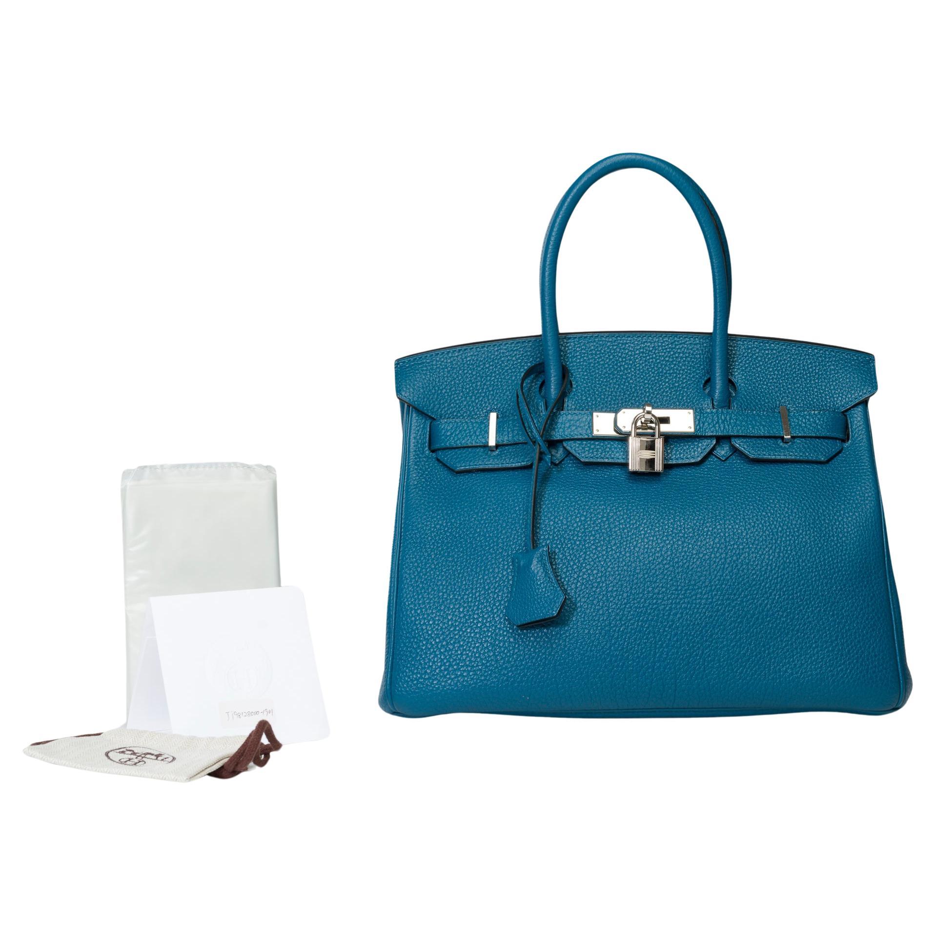 Superbe sac à main Hermès Birkin 30 en cuir bleu Togo, SHW en vente