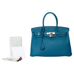Superbe sac à main Hermès Birkin 30 en cuir bleu Togo, SHW