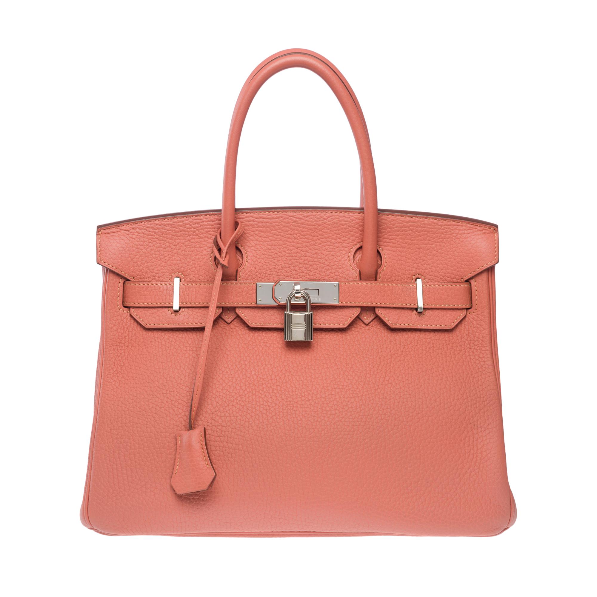 Amazing​ ​and​ ​Bright​ ​Hermes​ ​Birkin​ ​30​ ​handbag​ ​in​ ​Rose​ ​Tea​ ​Togo​ ​leather​ ​,​ ​palladium​ ​silver​ ​metal​ ​trim​ ​,​ ​double​ ​handle​ ​in​ ​pink​ ​leather​ ​for​ ​hand​ ​carry

Flap​ ​closure
Pink​ ​leather​ ​inner​ ​lining​ ​,​