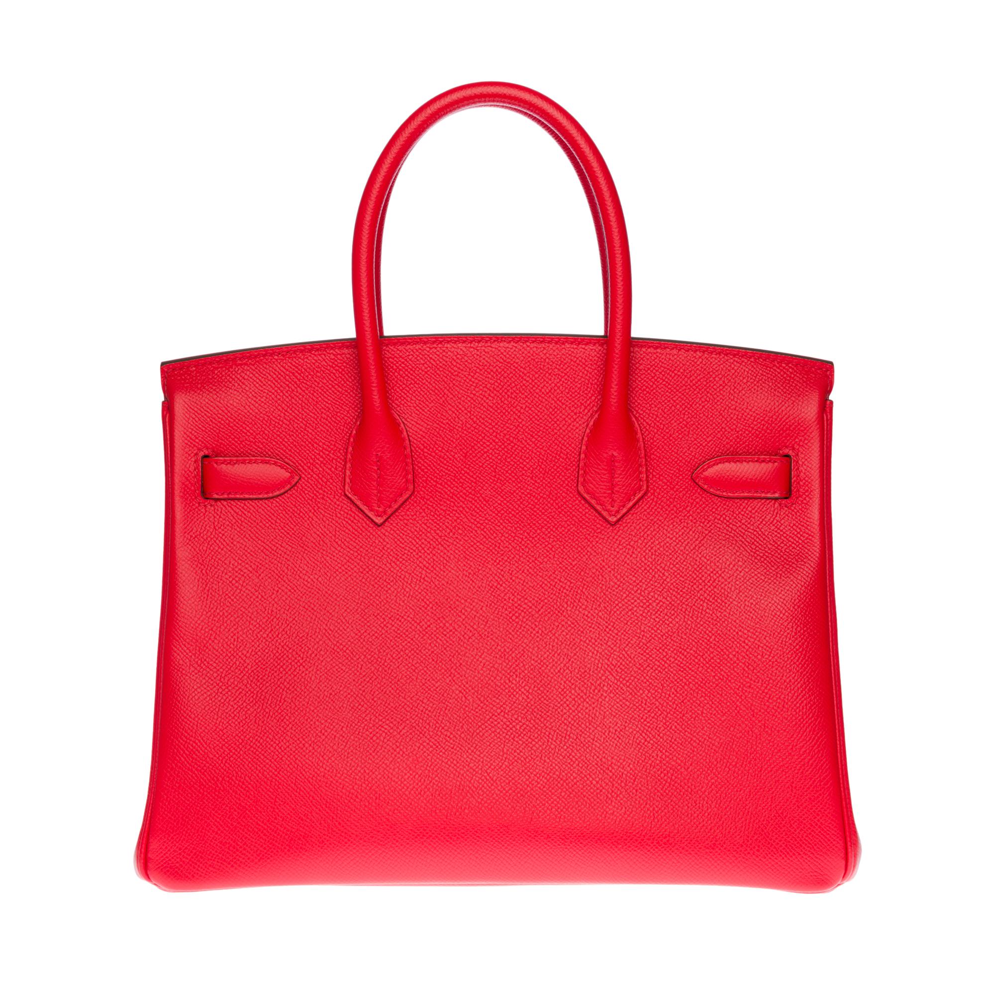 Gorgeous and bright Hermes Birkin 30 handbag in Rouge de Coeur Epsom leather, palladium silver metal hardware, double handle in red leather allowing a handhold
Flap closure
Lining in red H leather, one zip pocket, one patch pocket
Signature: 