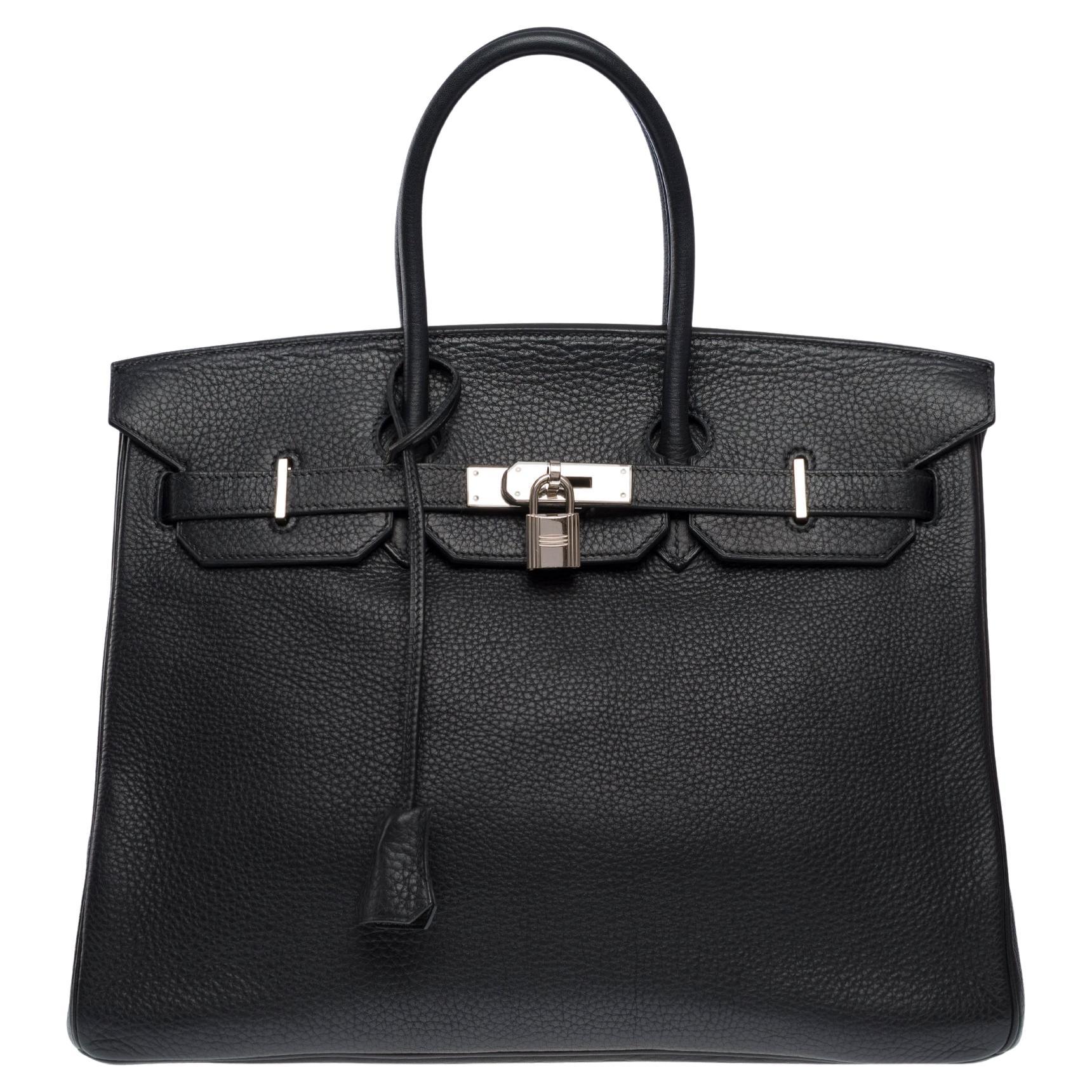 Stunning Hermes Birkin 35 handbag in Black Taurillon Clemence Calf leather, PHW For Sale