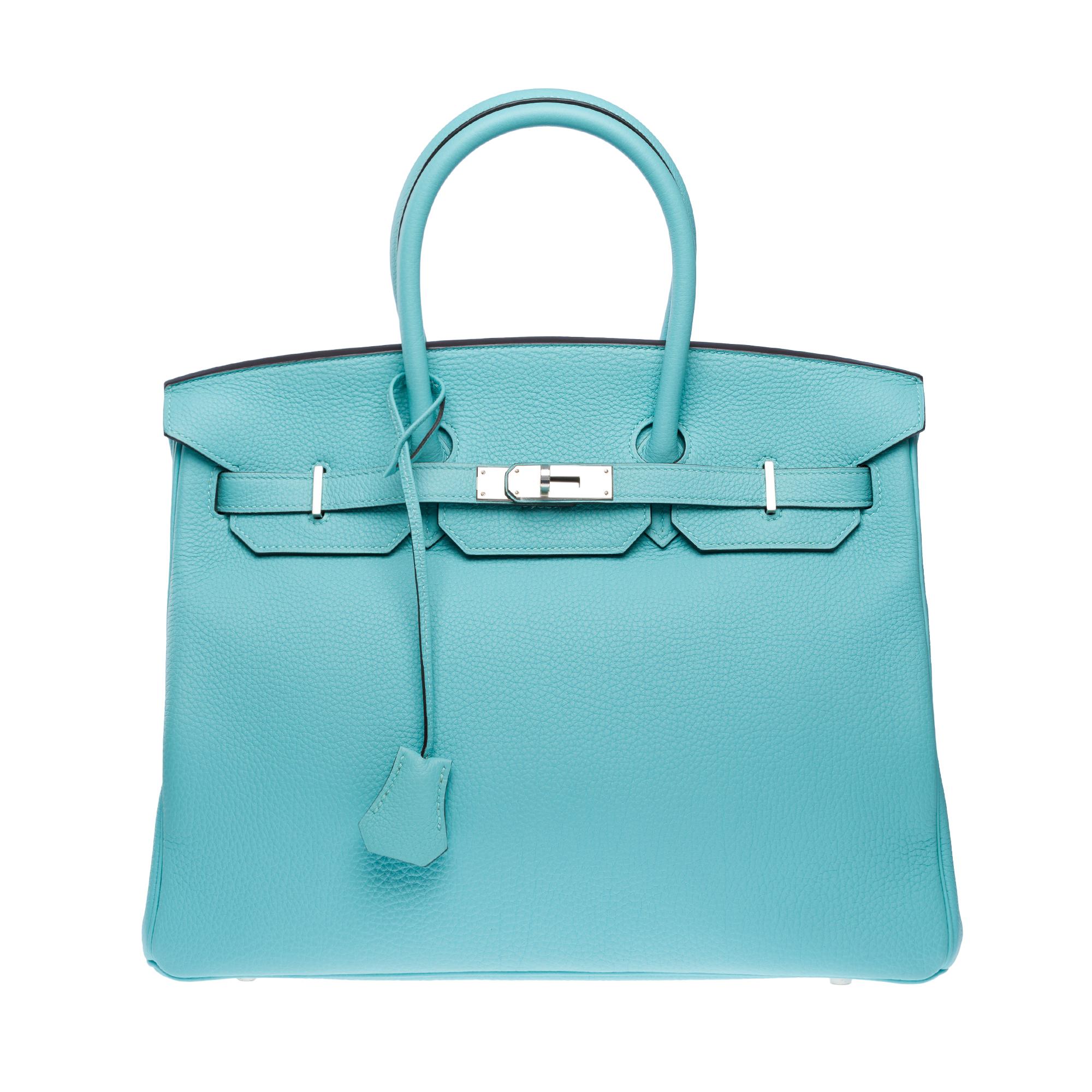 Stunning Hermès Birkin 35 handbag in Blue Atoll Togo Calf leather, PHW In Excellent Condition For Sale In Paris, IDF