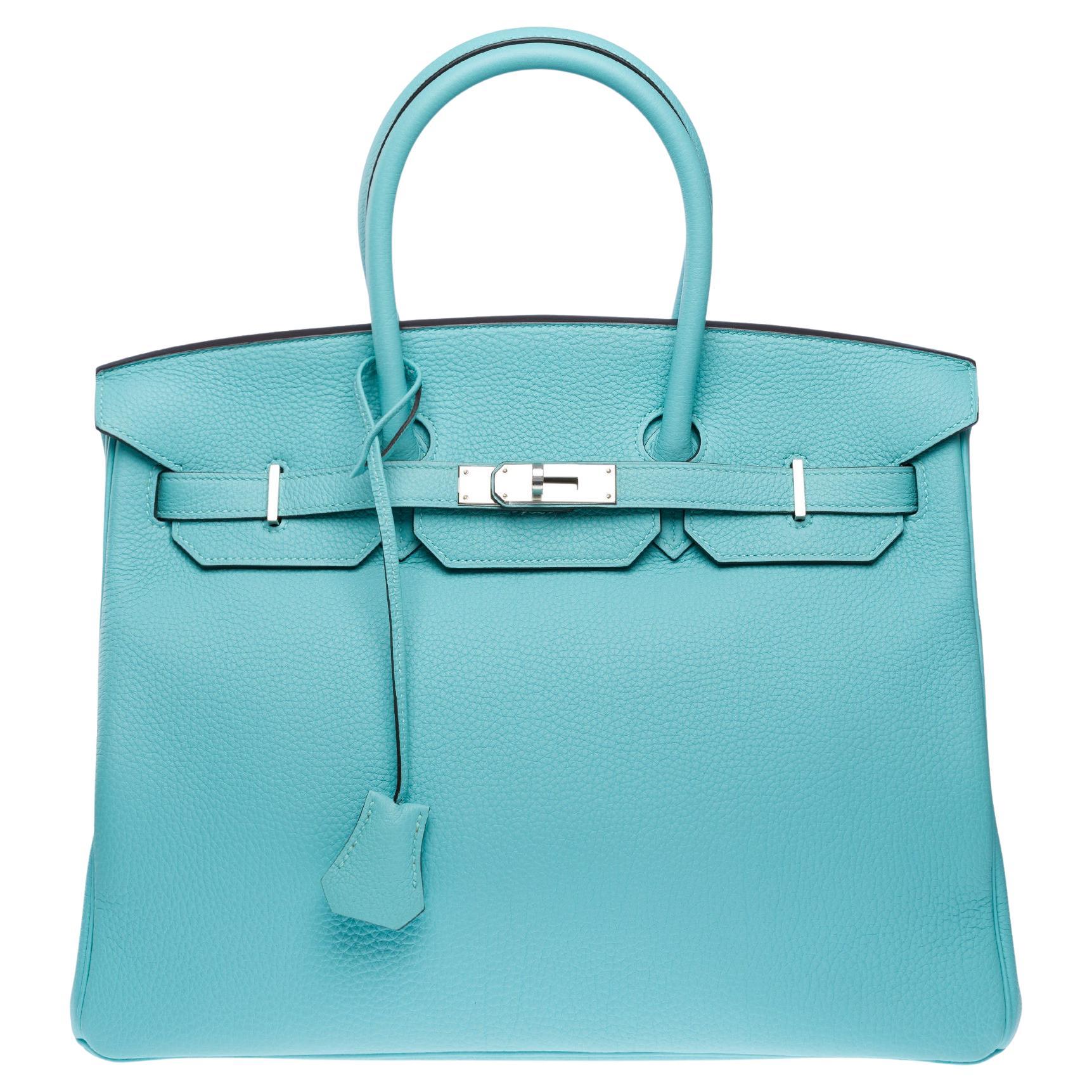 Stunning Hermès Birkin 35 handbag in Blue Atoll Togo Calf leather, PHW For Sale