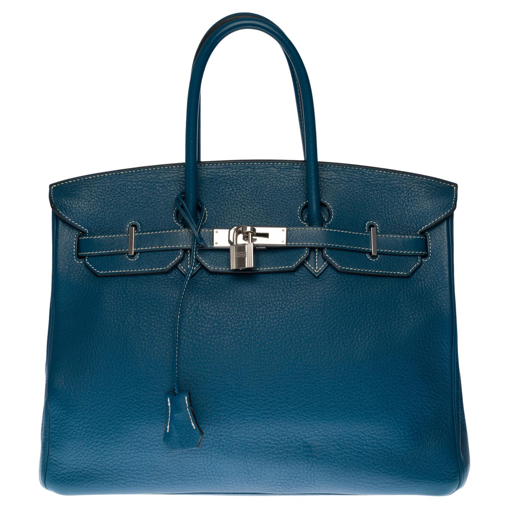 Stunning Hermès Birkin 35 handbag in Blue Thalassa Taurillon leather, SHW