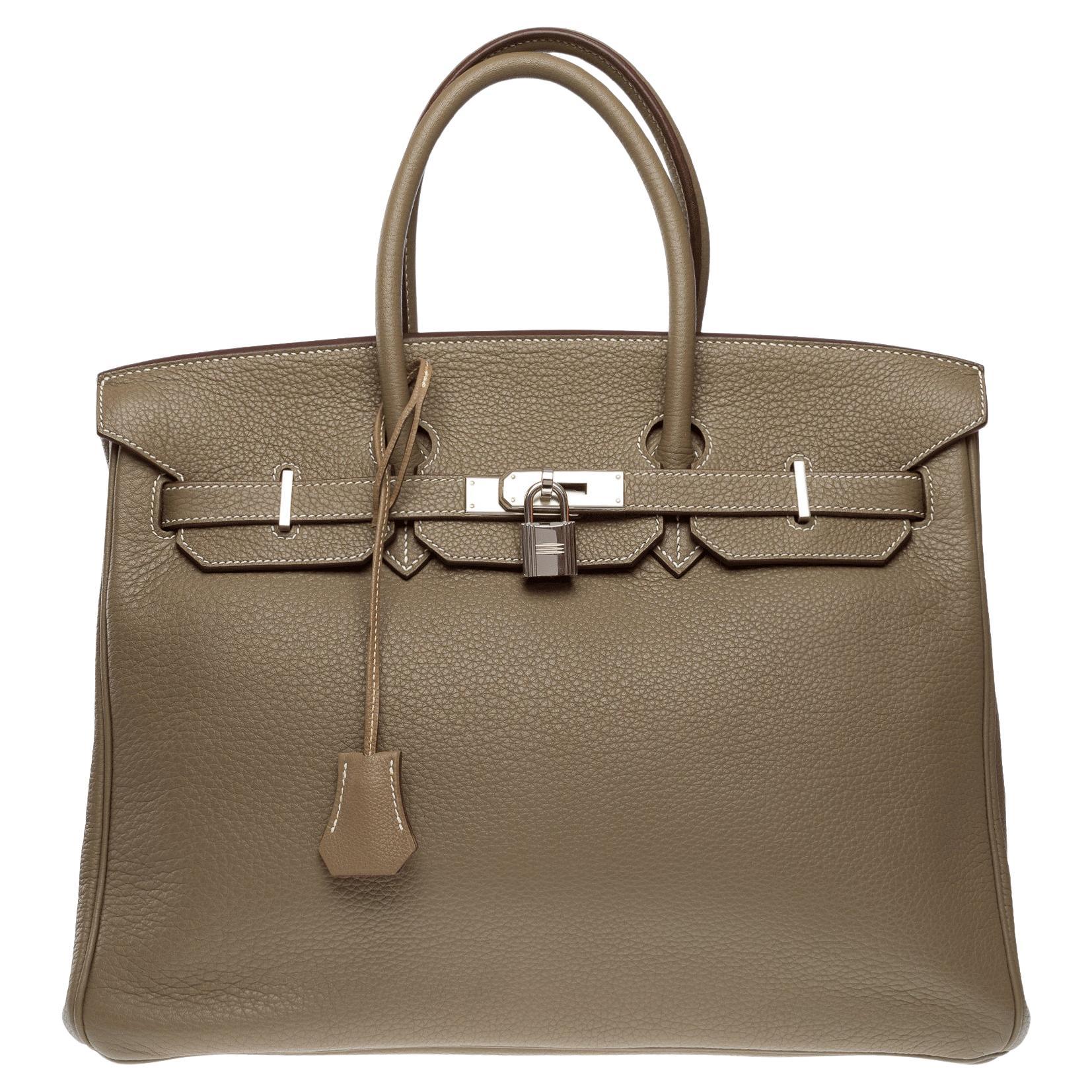 Stunning Hermès Birkin 35 handbag in Etoupe Taurillon Clemence calf leather, PHW For Sale