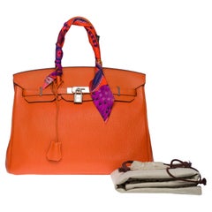 Superbe sac à main Hermès Birkin 35 en cuir Taurillon Clemence orange, SHW