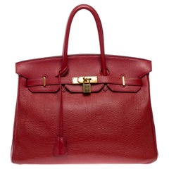 Superbe sac à main Hermès Birkin 35 en cuir Rouge Garance Togo, GHW