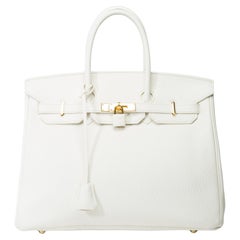 Magnifique sac à main Hermès Birkin 35 en cuir Taurillon Clemence blanc, GHW