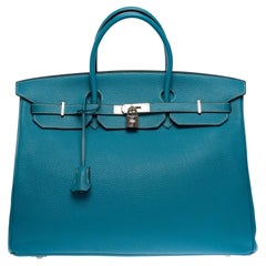 Superbe sac à main Hermès Birkin 40cm en cuir bleu Jean Togo, SHW