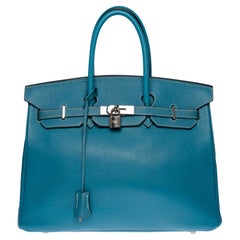 Superbe sac à main Hermès Birkin 40 cm en cuir Togo Ptrole bleu, SHW