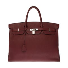 Superbe sac à main Hermès Birkin 40 cm en cuir Fjord bordeaux:: pièces métalliques argentées