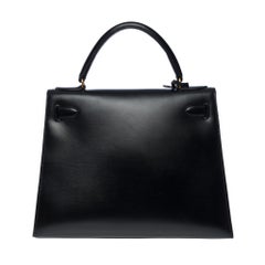 Stunning Hermes Kelly 28 sellier handbag strap in black box calf leather, GHW