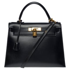 Stunning Hermes Kelly 28 sellier handbag strap in black box calf leather, GHW