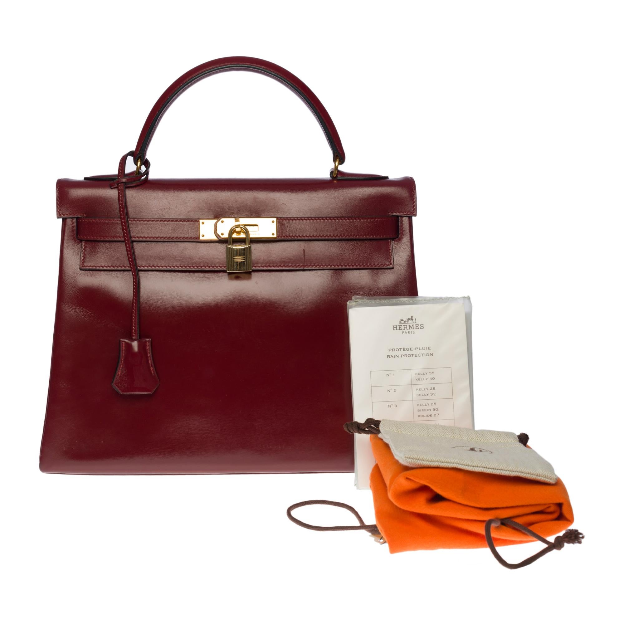 Stunning Hermès Kelly 32 handbag in Burgundy Calf box leather, GHW 4