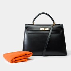 Stupenda tracolla Hermès Kelly 32 sellier in pelle di vitello Black Box, GHW