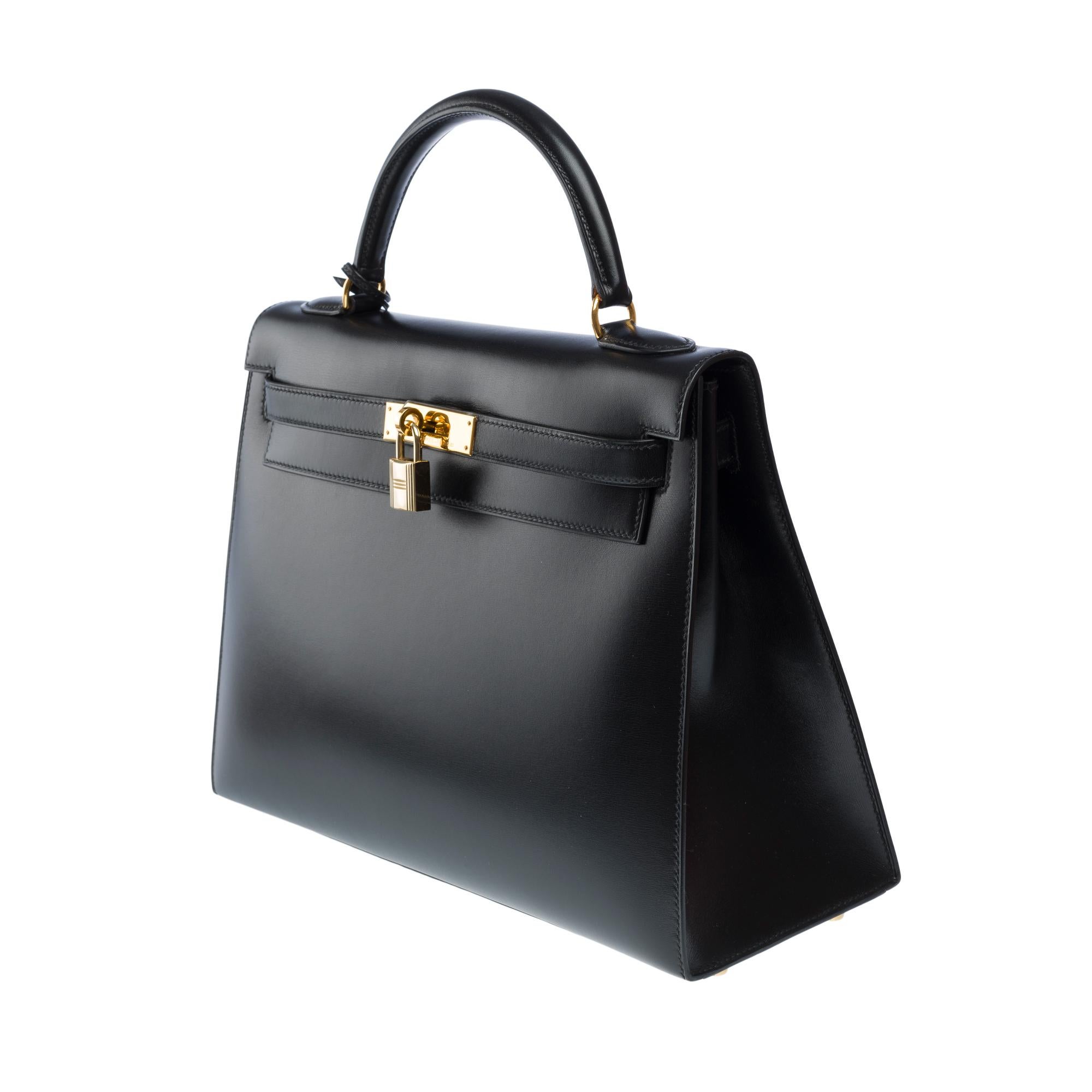 Stunning Hermès Kelly 32 sellier handbag strap in Black Box Calf leather, GHW For Sale 1
