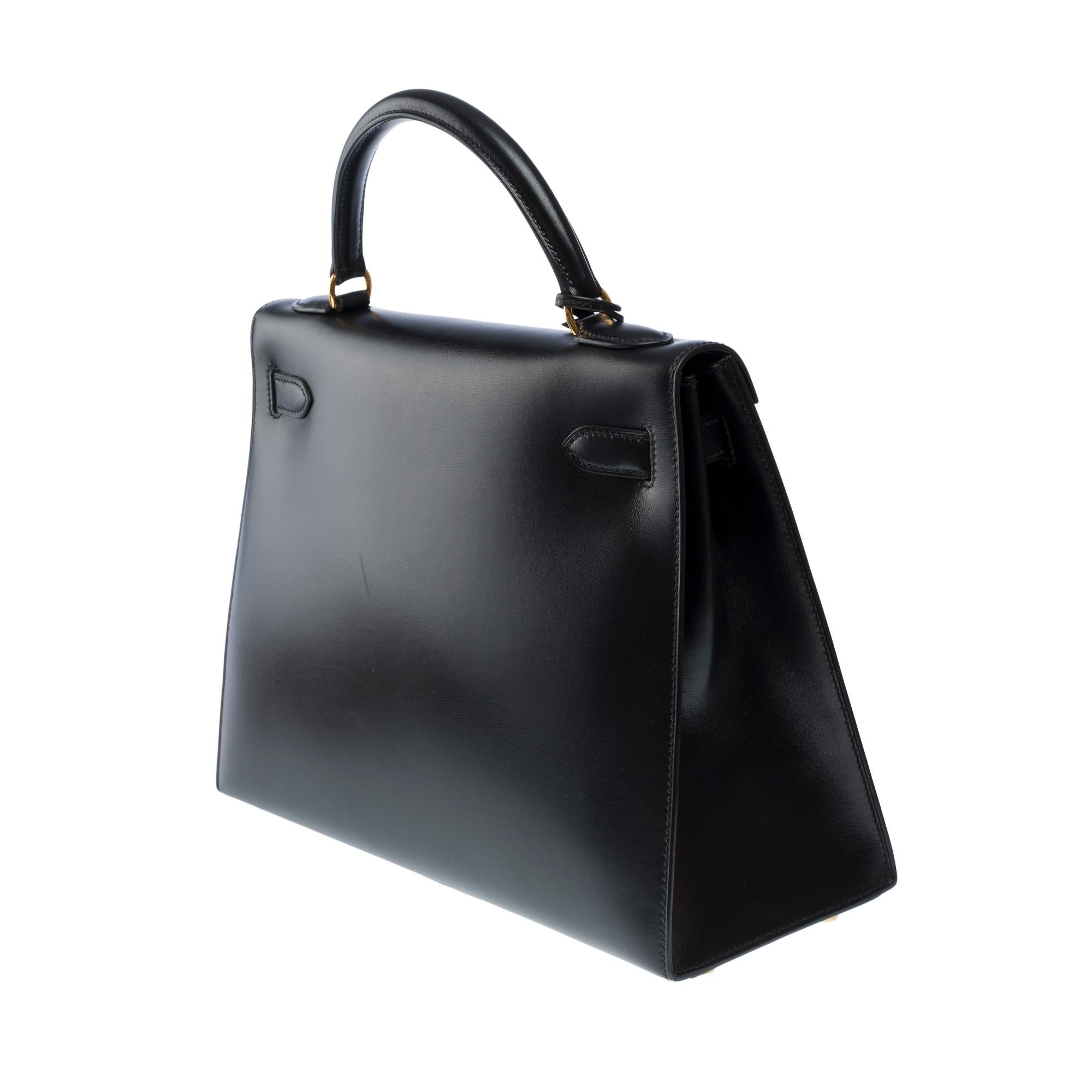 Stunning Hermès Kelly 32 sellier handbag strap in Black Box Calf leather, GHW For Sale 2