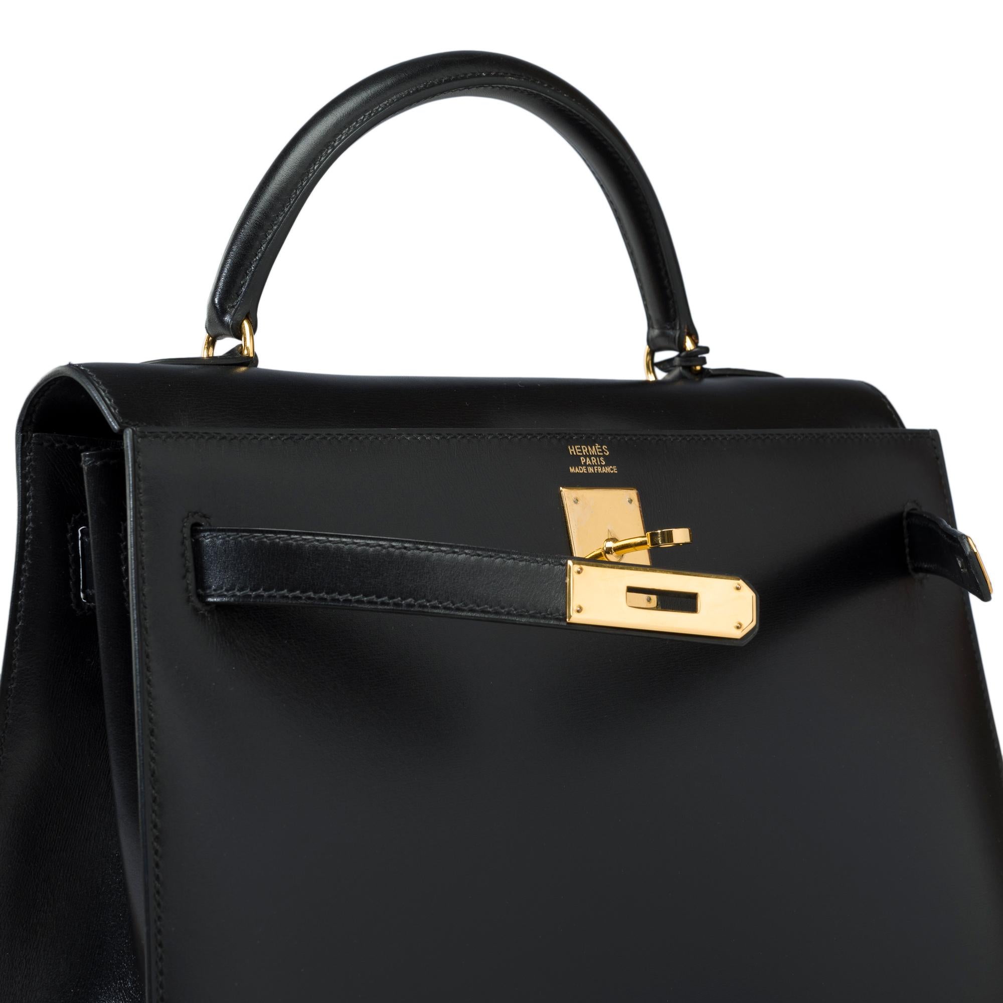 Stunning Hermès Kelly 32 sellier handbag strap in Black Box Calf leather, GHW For Sale 3