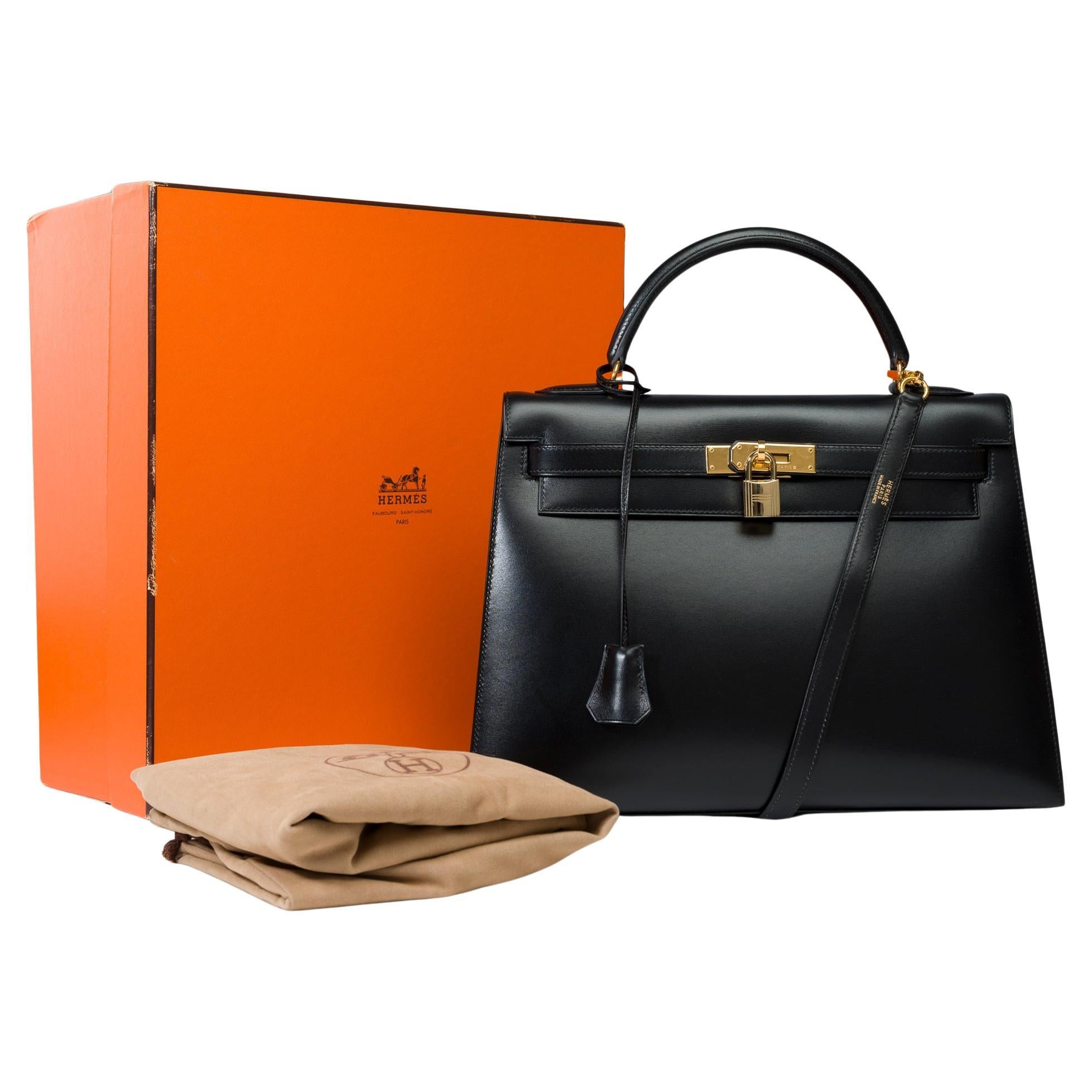 Stunning Hermès Kelly 32 sellier handbag strap in Black Box Calf leather, GHW For Sale