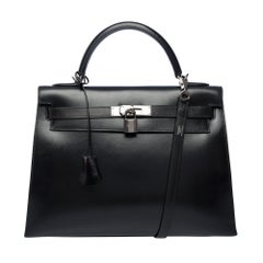 Atemberaubende Hermès Kelly 32 sellier Handtasche Armband in Black Box Kalbsleder, PHW