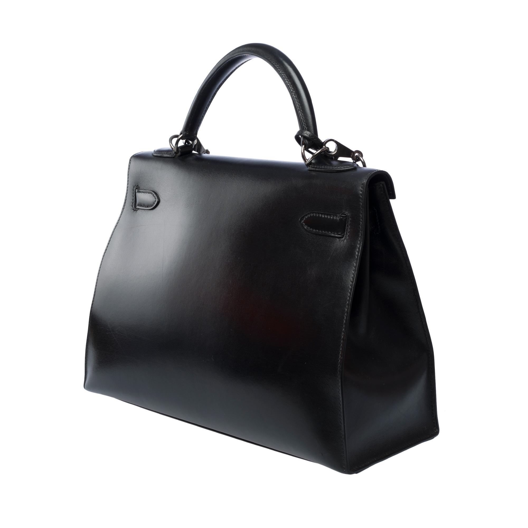 Stunning Hermès Kelly 32 sellier handbag strap in Black Box Calf leather, PHW For Sale 1