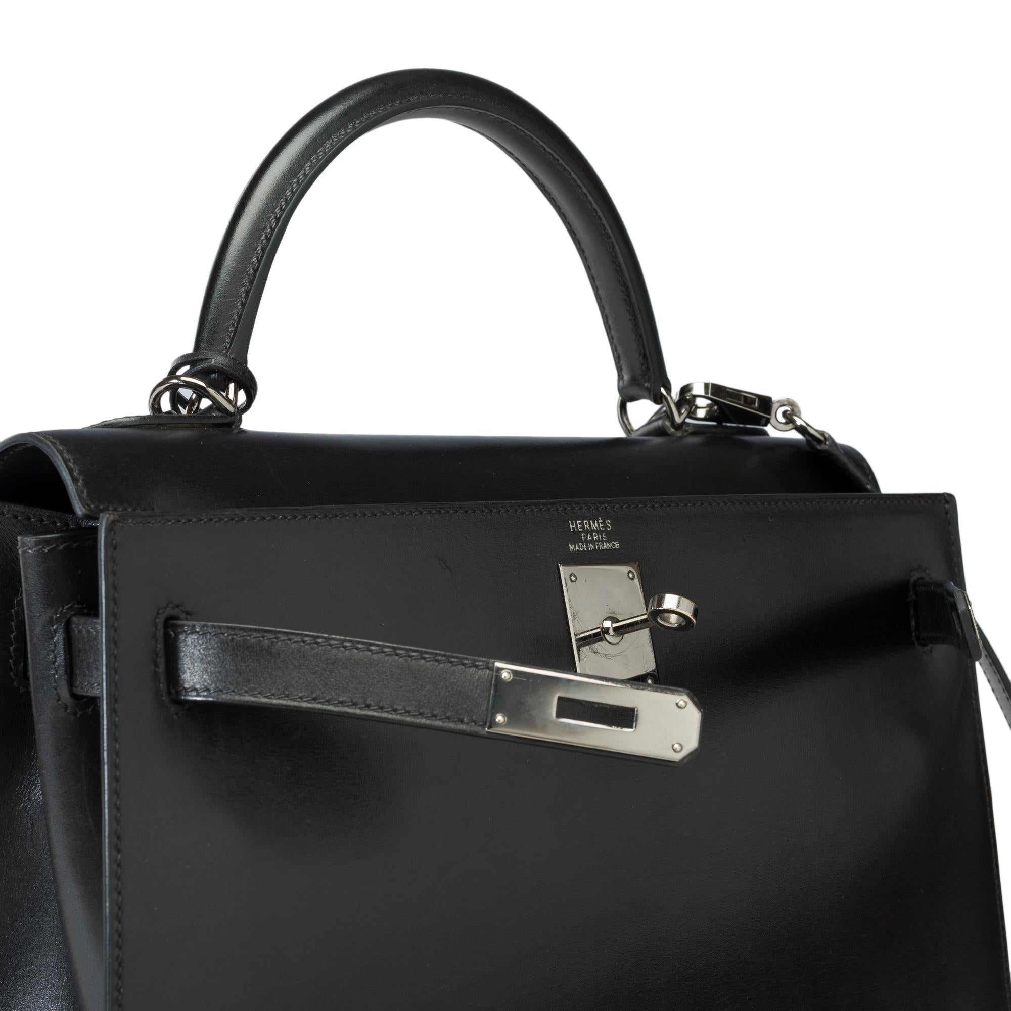 Stunning Hermès Kelly 32 sellier handbag strap in Black Box Calf leather, PHW For Sale 2
