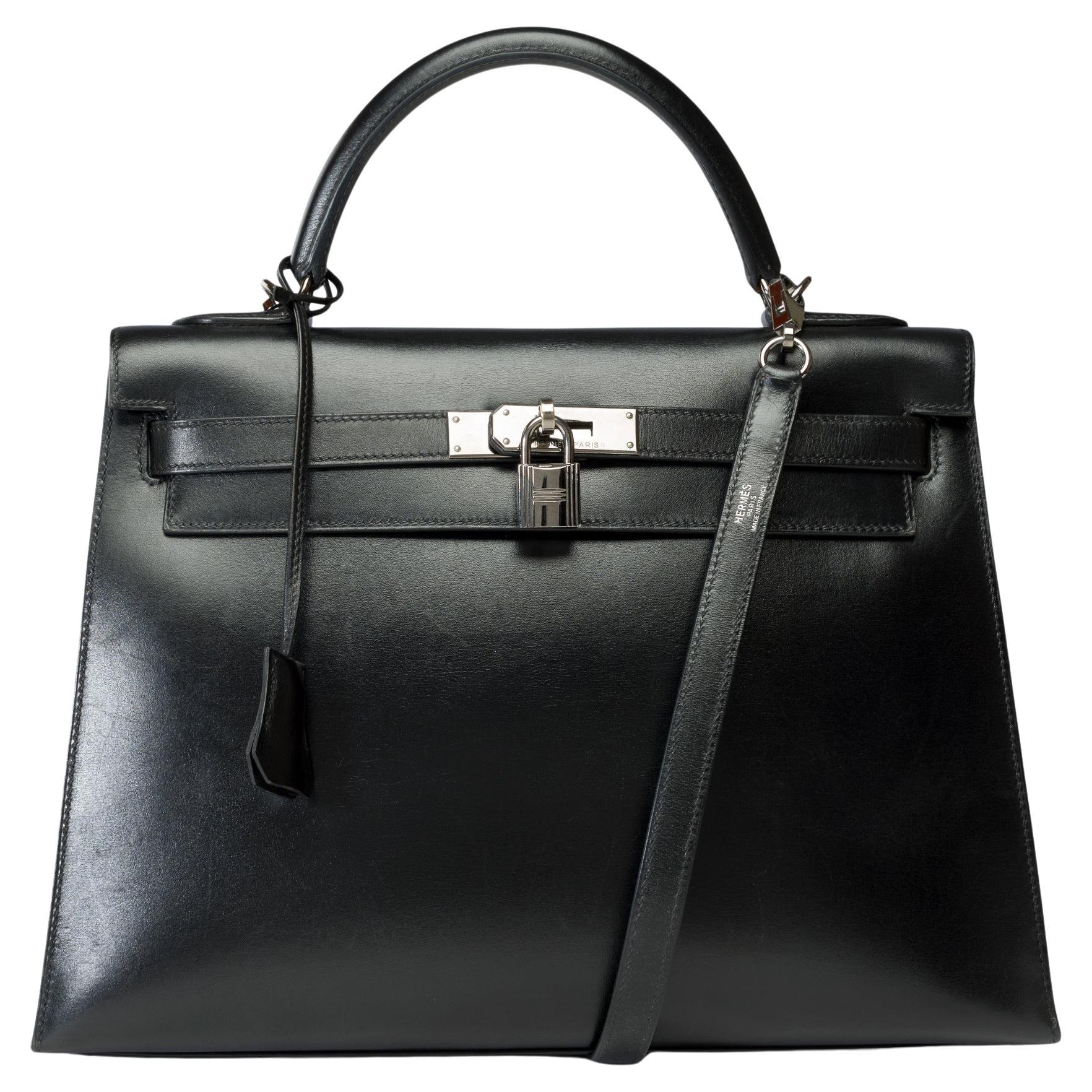 Stunning Hermès Kelly 32 sellier handbag strap in Black Box Calf leather, PHW For Sale
