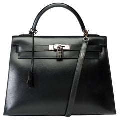 Stunning Hermès Kelly 32 sellier handbag strap in Black Box Calf leather, PHW