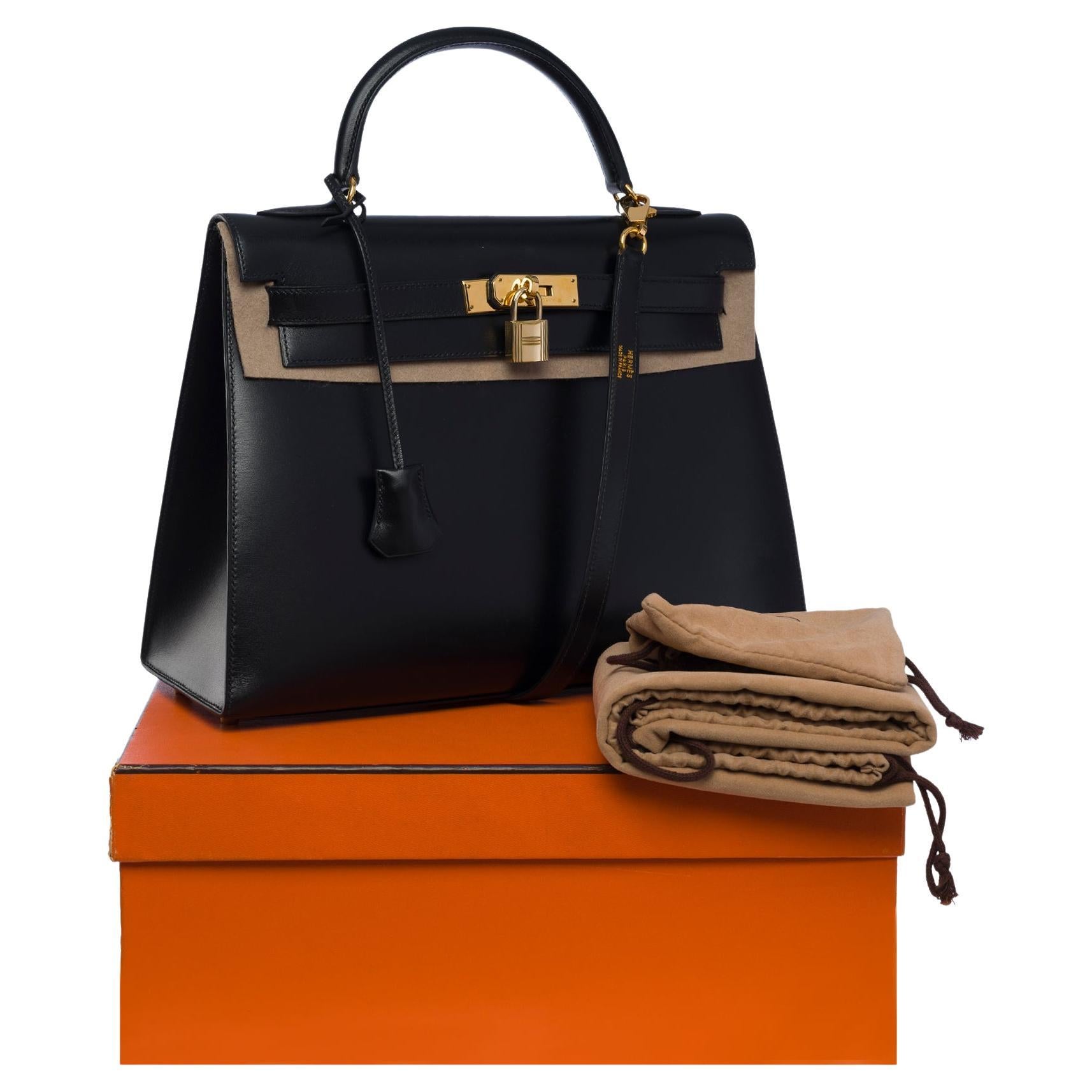 Stunning Hermès Kelly 32 sellier handbag strap in Box calf leather, GHW For Sale