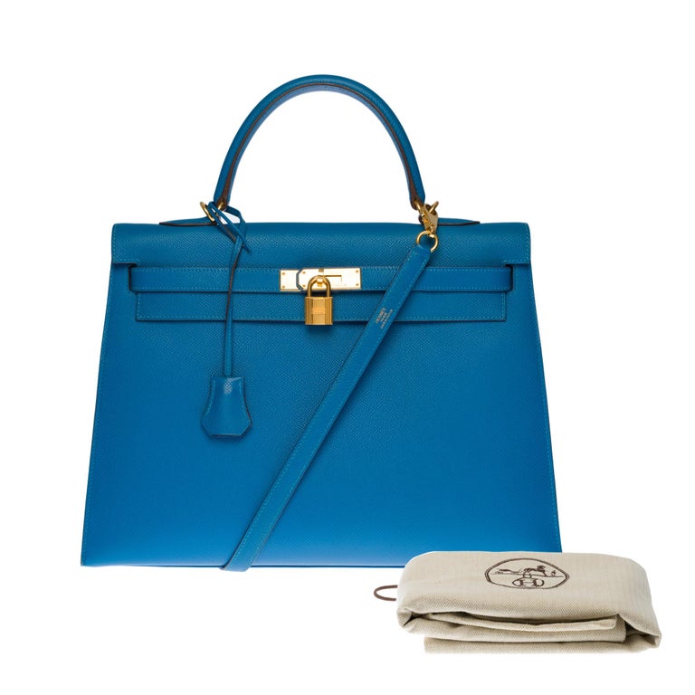 Stunning Hermès Kelly 35 sellier strap in Blue Mykonos Epsom leather, GHW 7