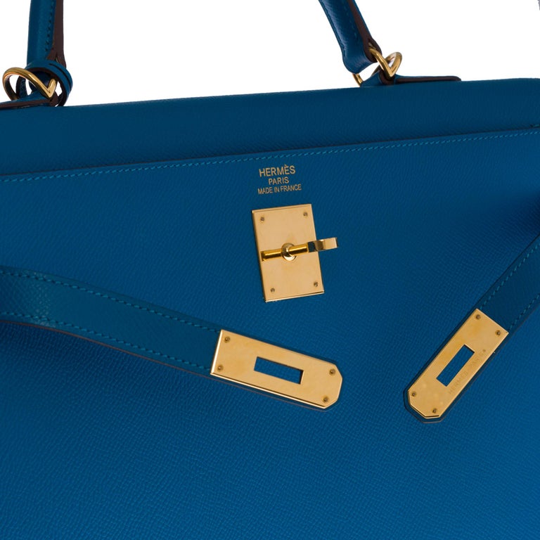 Stunning Hermès Kelly 35 sellier strap in Blue Mykonos Epsom leather, GHW 1