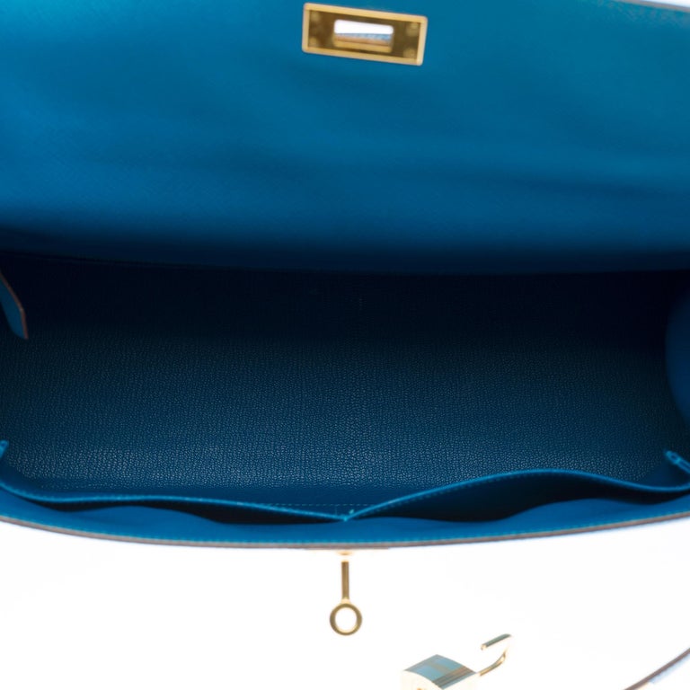 Stunning Hermès Kelly 35 sellier strap in Blue Mykonos Epsom leather, GHW 3