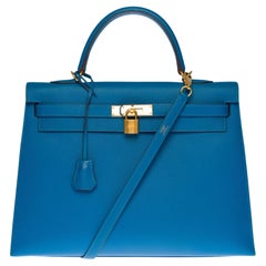 Stunning Hermès Kelly 35 sellier strap in Blue Mykonos Epsom leather, GHW