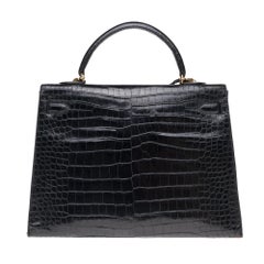 Stunning Hermes Kelly 35 strap shoulder bag in black Crocodile Leather, GHW