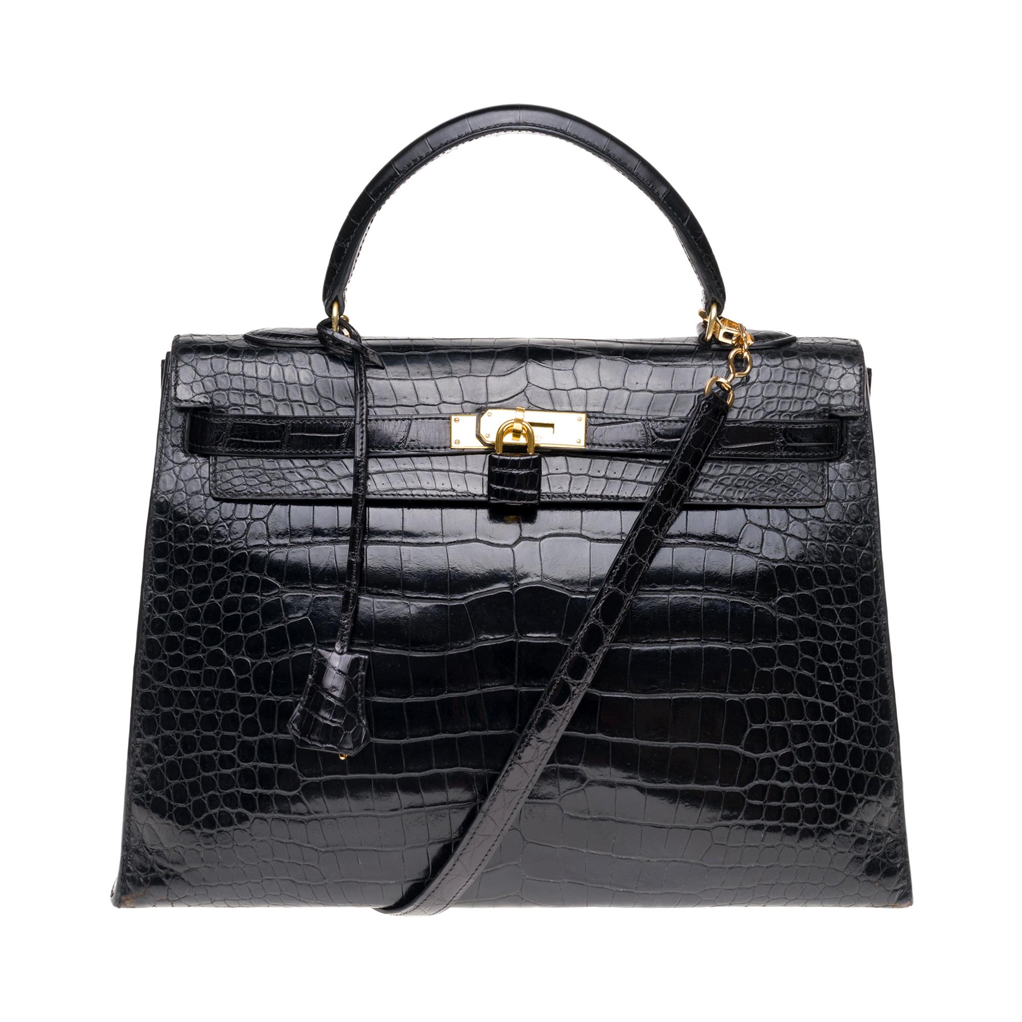 Stunning Hermes Kelly 35 strap shoulder bag in black Crocodile Leather, GHW  at 1stDibs