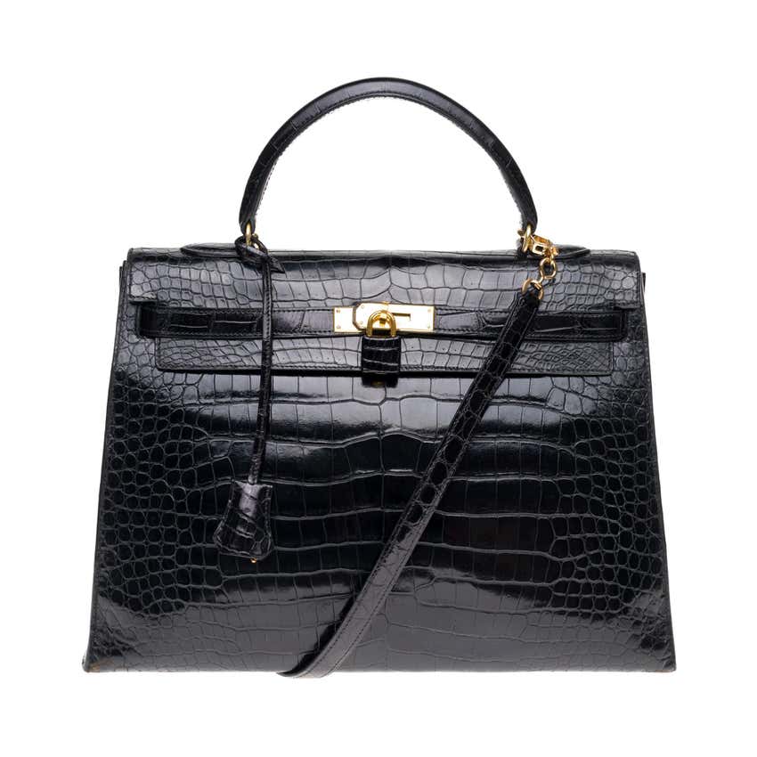 Stunning Hermes Kelly 35 strap shoulder bag in black Crocodile Leather ...