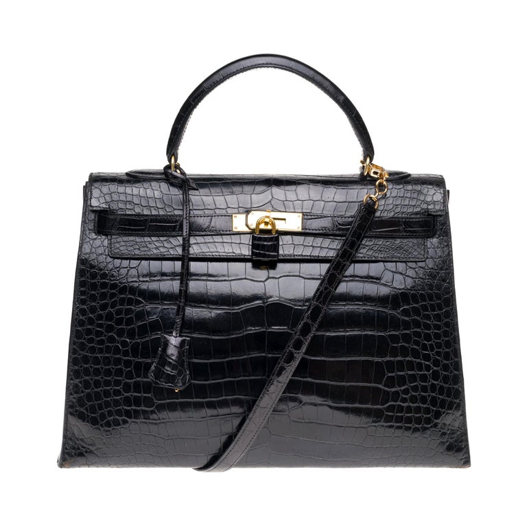 Stunning Hermes Kelly 35 strap shoulder bag in black Crocodile Leather, GHW For Sale at 1stdibs