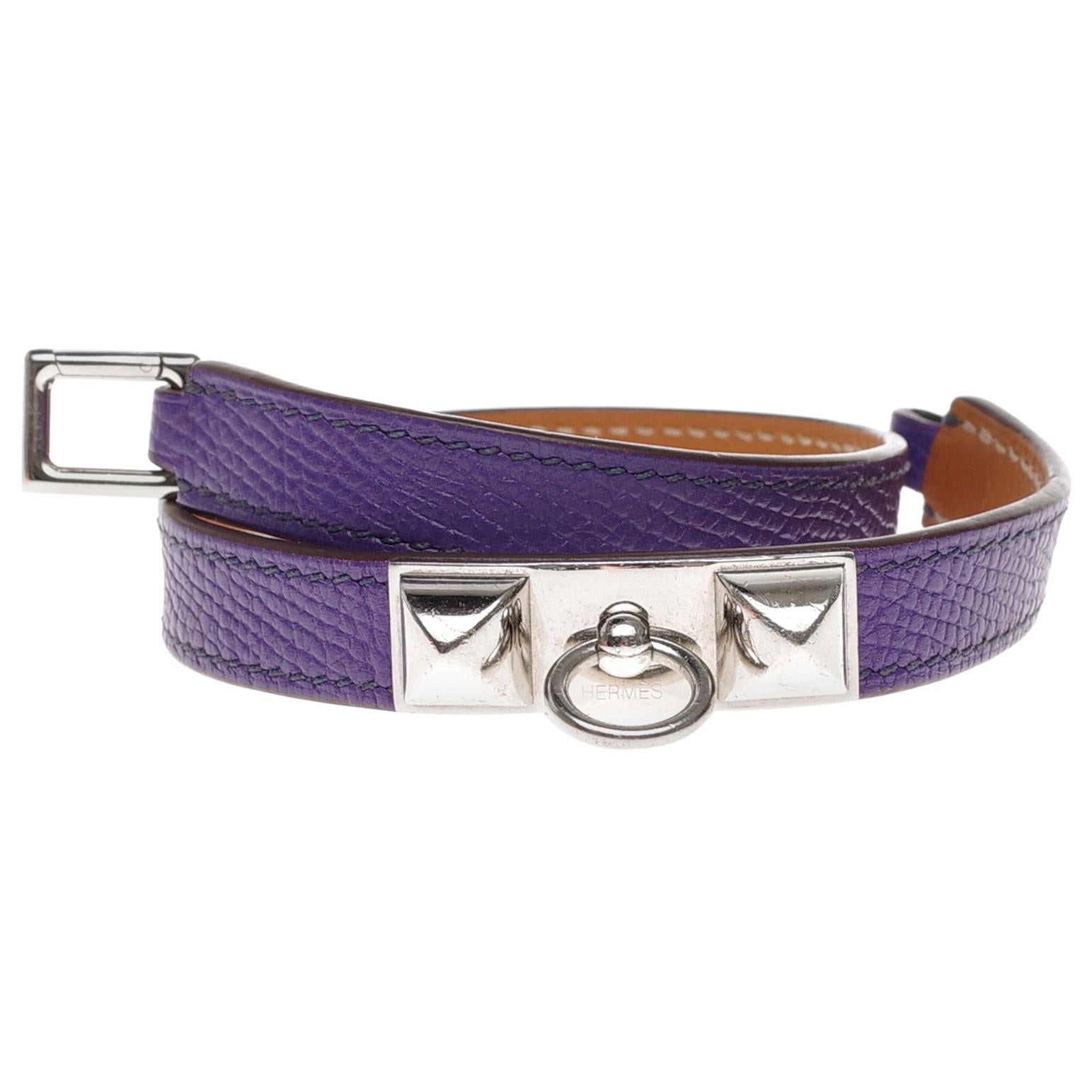 Stunning Hermès Kelly double tour bracelet in purple epsom and silvery hardware