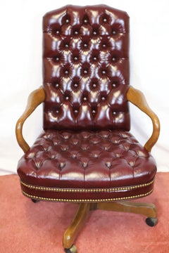 Stunning High  Backed  Georgian Style  Oak And Leather Button Back  Desk  Chair