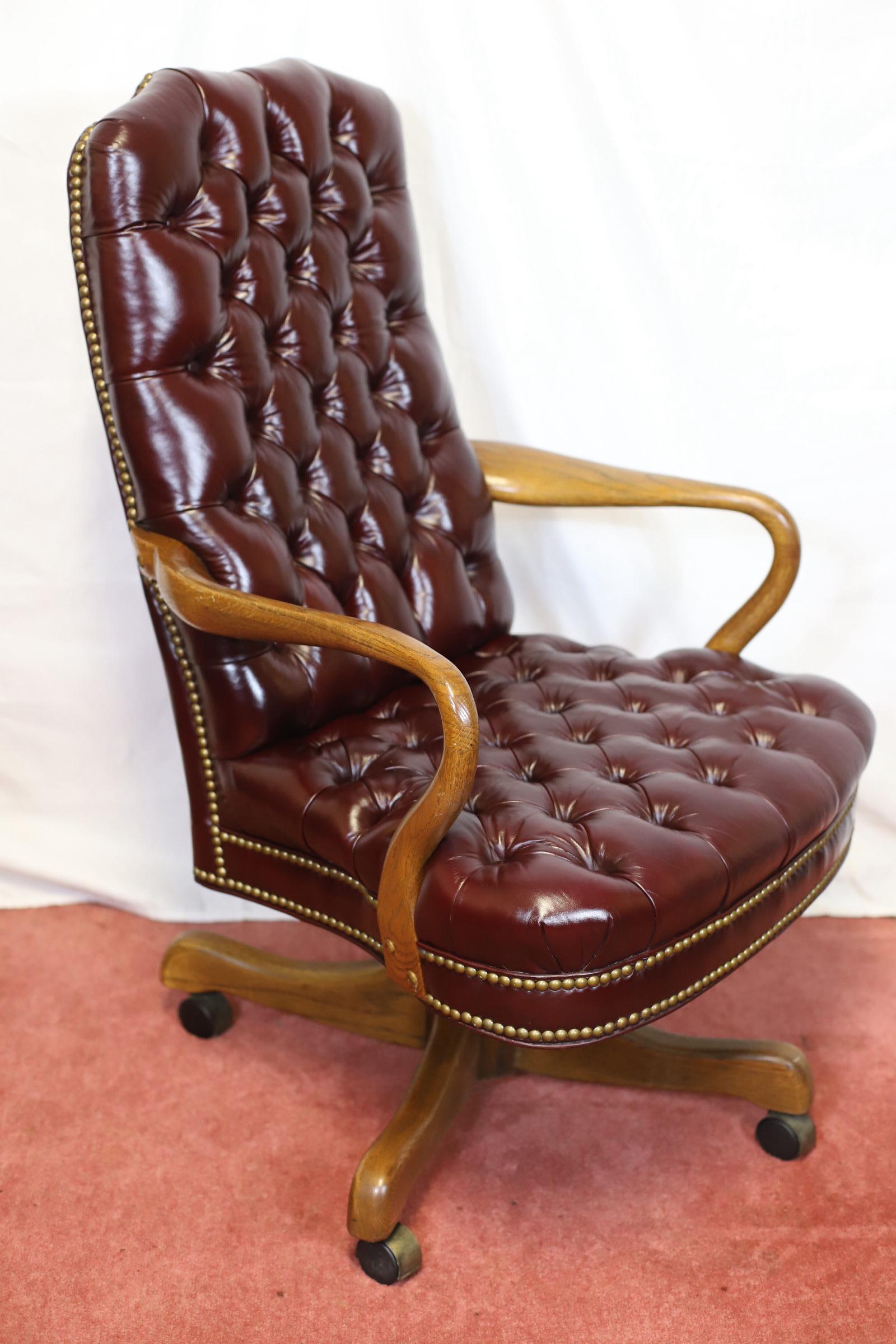 British Stunning High  Backed  Georgian Style  Oak And Leather Button Back  Desk  Chair For Sale