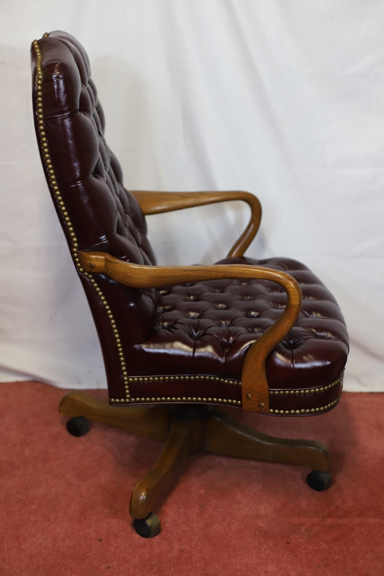 Hand-Crafted Stunning High  Backed  Georgian Style  Oak And Leather Button Back  Desk  Chair For Sale