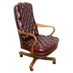 Stunning High  Backed  Georgian Style  Oak And Leather Button Back  Desk  Chair