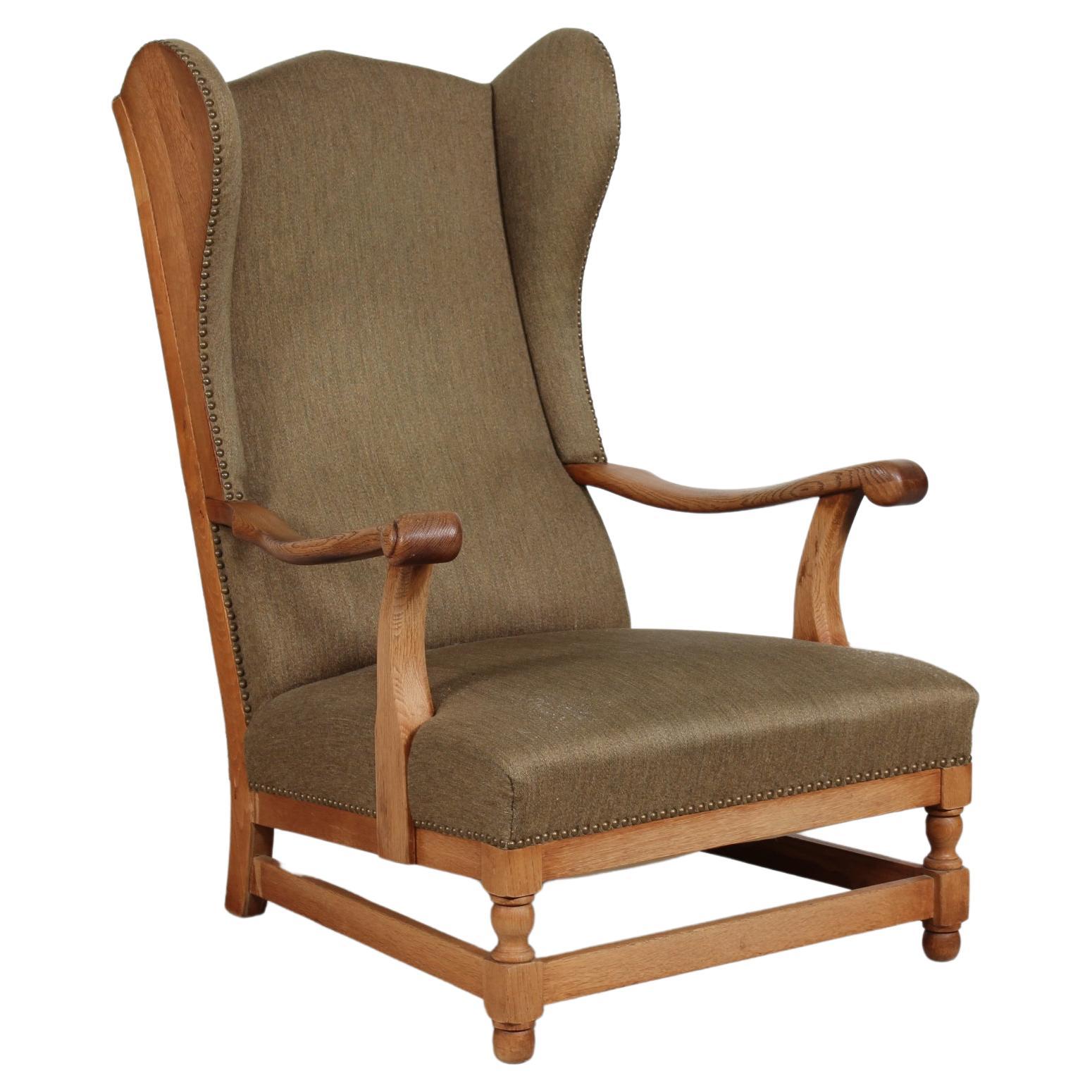 Stunning Highback King Chair of Solid Oak with Greenish Wool Denmark 1930-40 For Sale
