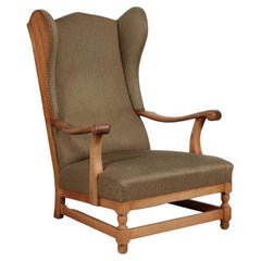 Stunning Highback King Chair of Solid Oak with Greenish Wool Denmark 1930-40