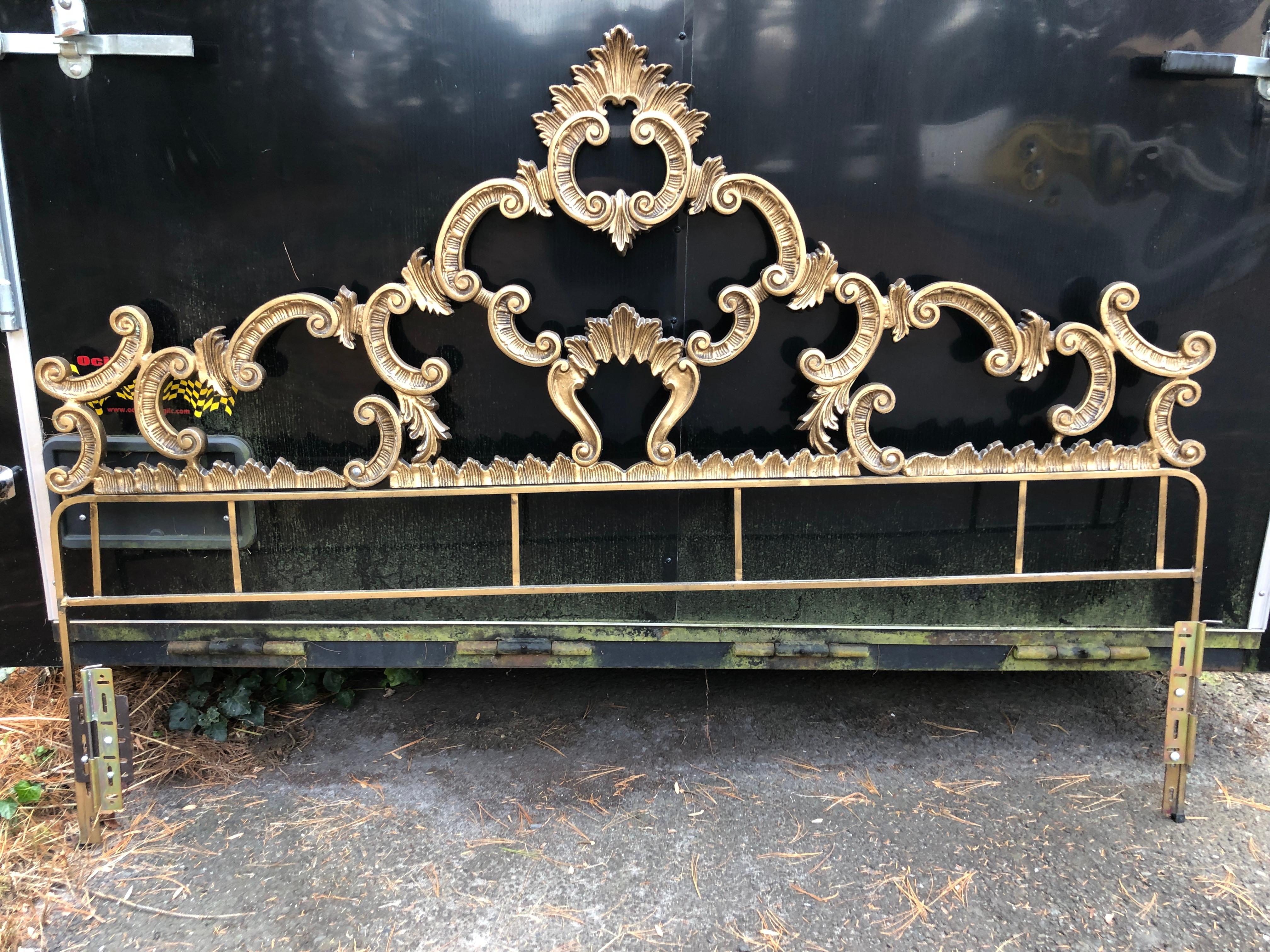 Stunning Hollywood Regency Ornate Gold Iron Kingsize Headboard Bed For Sale 9