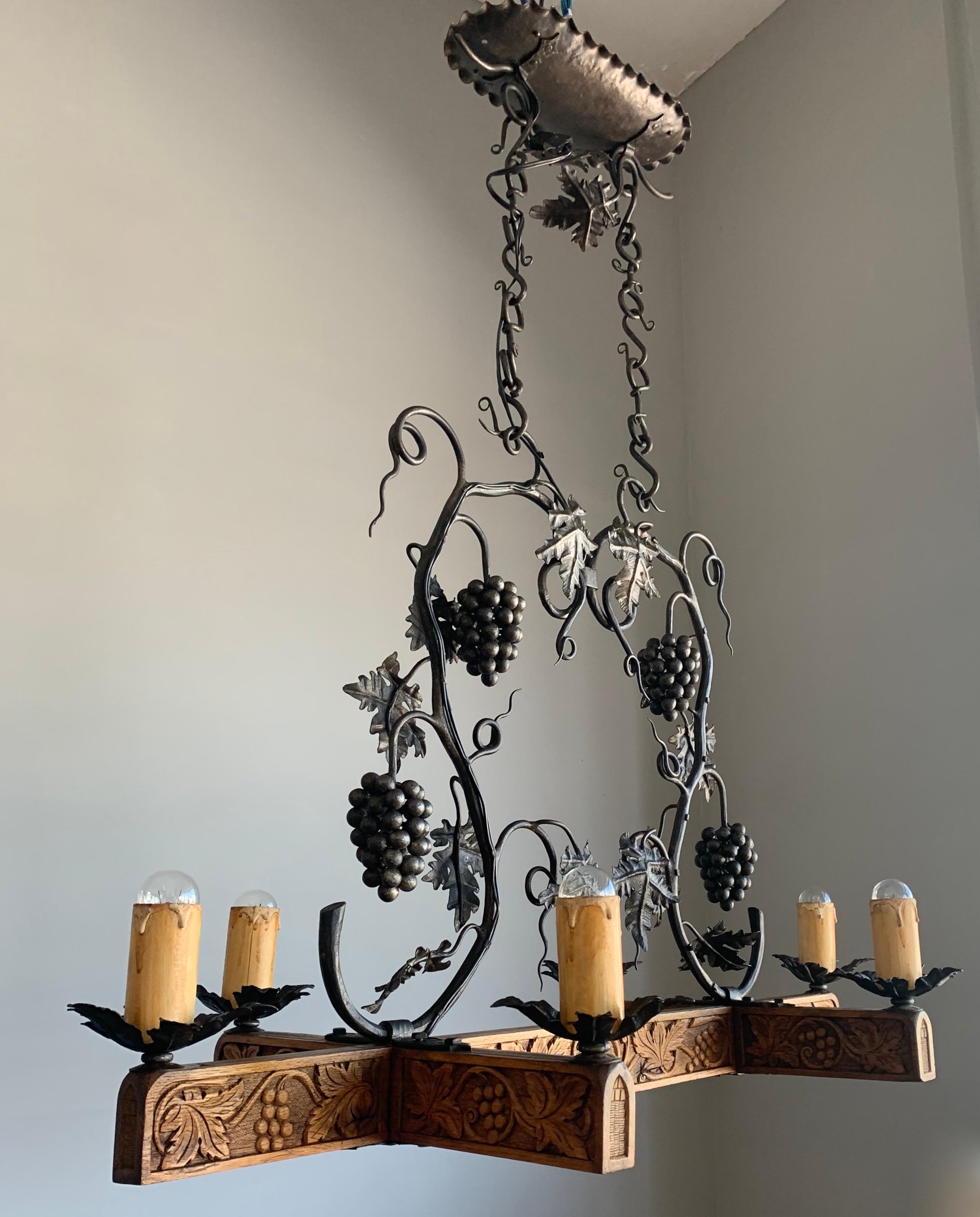 Stunning Horizontal Chandelier with Wrought Iron Grapes and Hand Carved Branches 3
