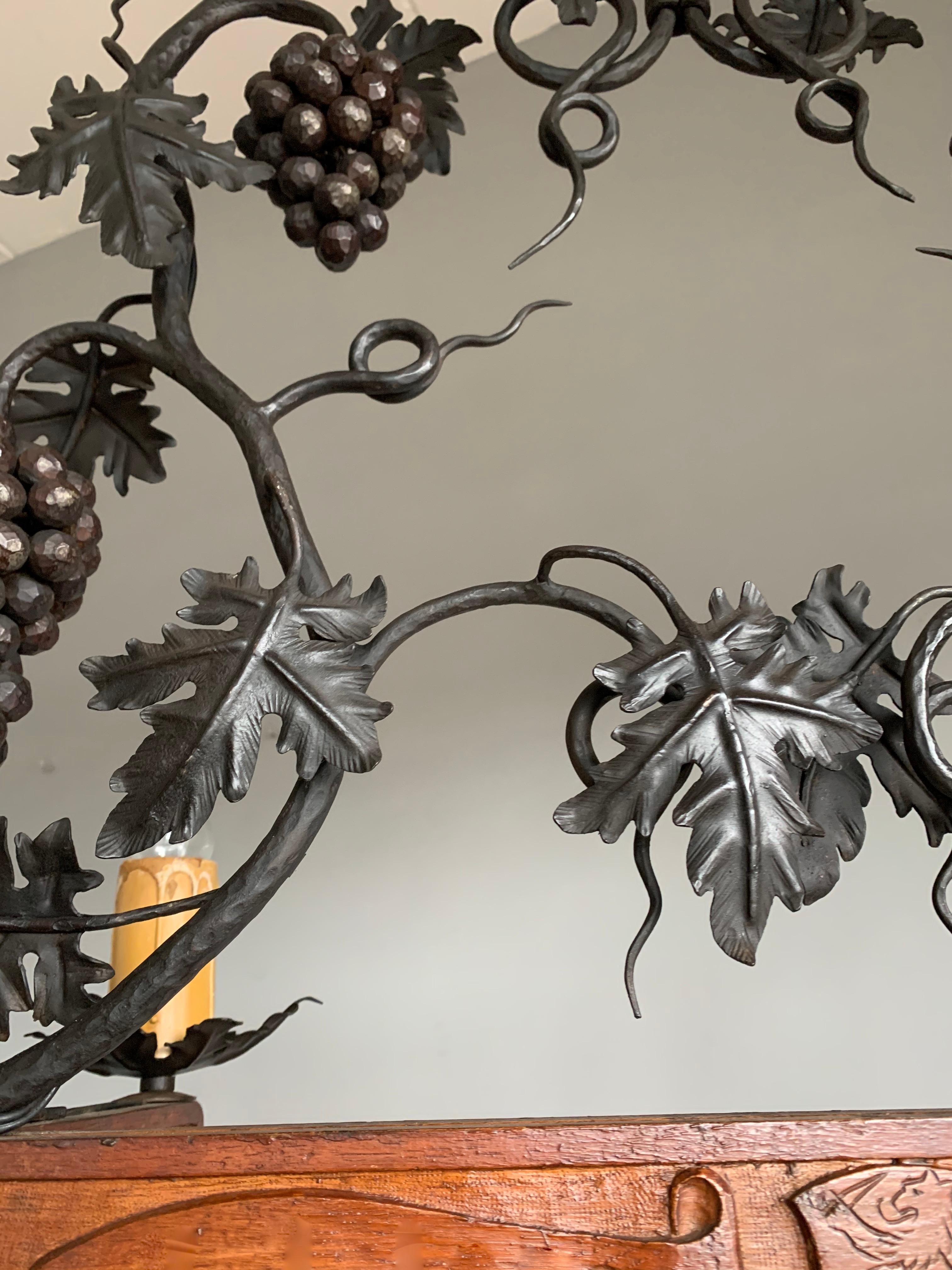 Stunning Horizontal Chandelier with Wrought Iron Grapes and Hand Carved Branches For Sale 3